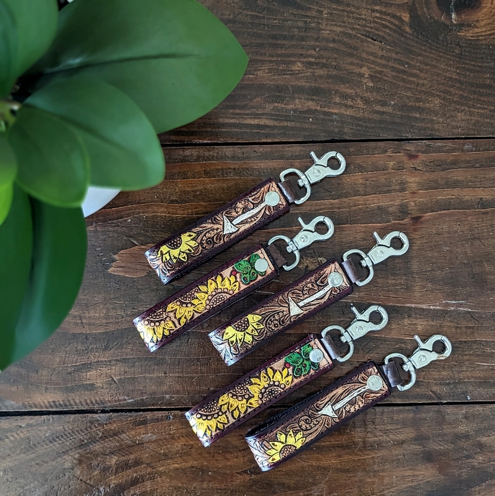 Genuine Tooled and Painted Leather Sunflower and Cactus Keychain